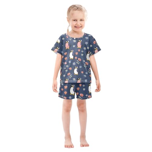 ALAZA Penguin Blossom Floral Pajamas Short Sleeve 2 Piece Sleepwear Top and Bottom Pajama Set Unisex3