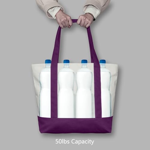 Image of TOPDesign 6-Pack Canvas Tote Bags with an External Pocket, Reusable Grocery Shopping Bags, Top Zipper Closure, Daily Essentials (Purple /Natural)