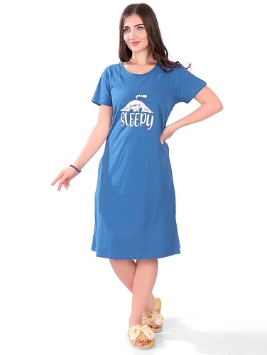 Image of Printed Knee Length Pocket Night Dresses for Women | Cat Lovers | Premium Soft Cotton Nighty | Sky Blue