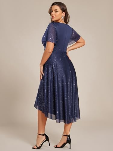 Image of Ever-Pretty Plus V Neck Short Sleeves Glitter Pleated Midi Plus Size Cocktail Wedding Guest Dresses for Curvy Women