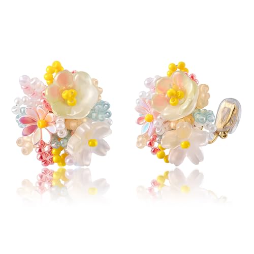 LAXPICOL Fashion Yellow&Pink Flower Clip On Earrings For Women Cute Lovely Acrylic Bead Flower Earrings No piercing Earrings