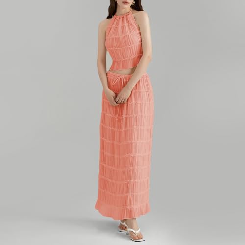 Image of Women Y2K Skirt Set Outfits Strapless Crop Top Bodycon Midi Skirt Dress Sexy 2 Piece Knit Outfits Skirt Summer