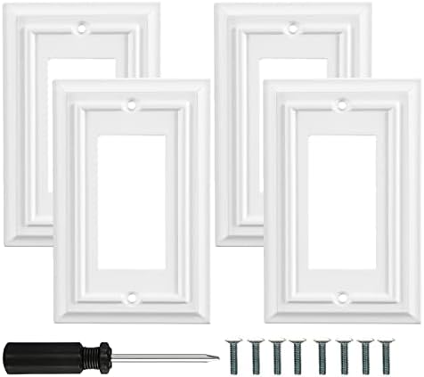 White Modern Decorative Wall Plate Light Switch Cover Decorator Outlet Covers Rocker Switch Plates Bamboo Fiber Material Wall Plates for Kitchen Bathroom (1 Gang Single Decorator - 4 Pack)