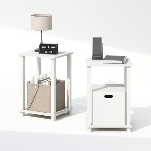 Image of Furinno Simplistic Night Stand Set of 2, 2-Tier Small Nightstand with Open Shelf, Toolless Bedside Table, End Table, Side Table, for Bedroom, Closet, Dorm, White