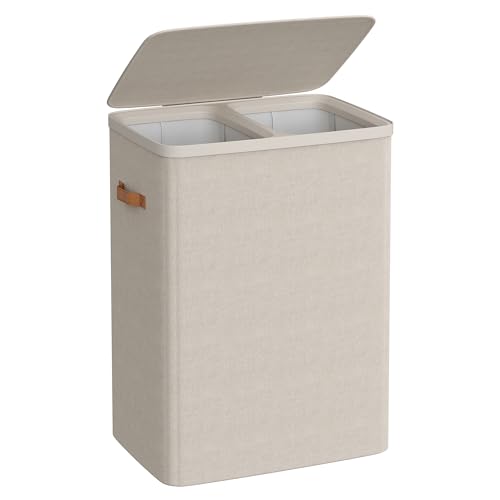 SONGMICS Laundry Basket, 170 L Dual Compartment Laundry Hamper, with Lid and Handles, Removable Liners, Easy Assembly, 56 x 40 x 75 cm, Cappuccino Beige LCB813L01