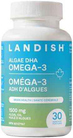 Landish Omega-3 Algae DHA Supplement - Lemon Flavour - Plant-Based, Vegan - 1500 mg Algal Oil, 600 mg DHA - No Fishy Taste - Supports Cognitive Health & Brain Function - Made in Canada - Easy-to-Swallow - 60 Small Softgels (30 Servings)