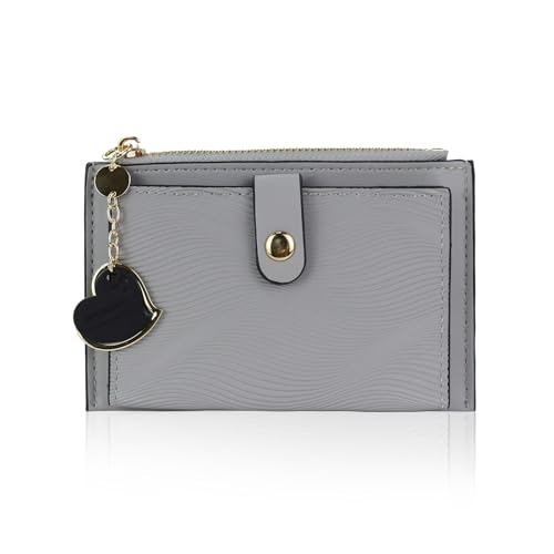 Slim Wallet for Women, Fashion Stripes Bifold Wallet Purse PU Leather Credit Card Holder with Love Zipper 6 Card Wallet for Dating Traveling Shopping (Grey)