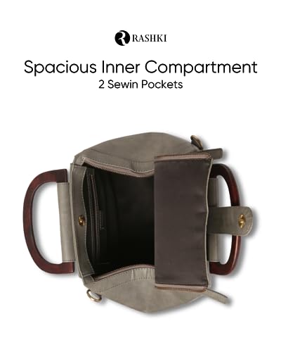 Image of RASHKI UNICA - Womens Vegan Leather Handbag | Spacious Compartment | Real Wood Handle | Detachable and adjustable Shoulder Strap | Zipper closure and magnetic button
