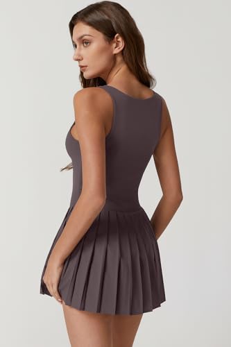Image of QINSEN Womens Square Neck Tennis Dress Pleated Sleeveless Built in Shorts Golf Athletic Dress with Pockets