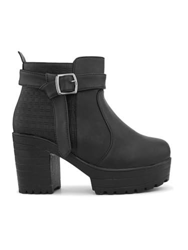 Image of XE Looks Fashionable & Trendy Block Heel Ankle Boots for Women with Buckle Detail and Zipper Closure, Ideal for Casual and Dressy Outfits for Women & Girls