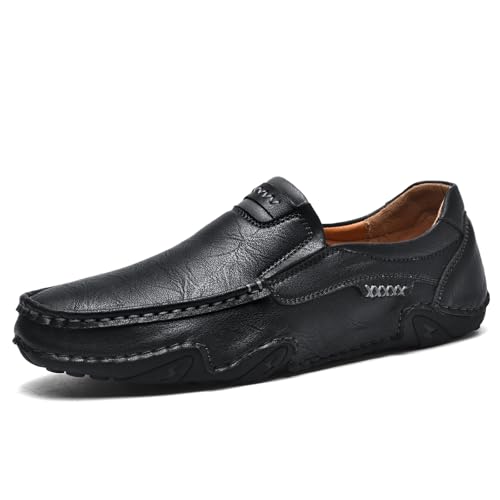 Men's Genuine Leather Loafers Slip-On Driving Shoes, Hollow Out Hand-Sewn Casual Flats for Outdoor & Work