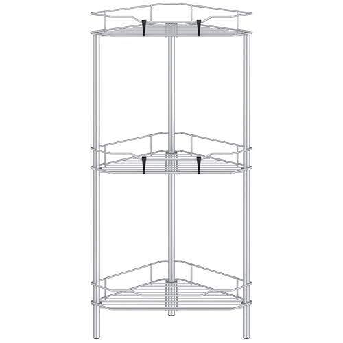 HuggieGems 3 Tier Floor Standing Corner Shower Caddy Organizer Shelf with Hooks Bathroom Shelves Stand Rack Silver