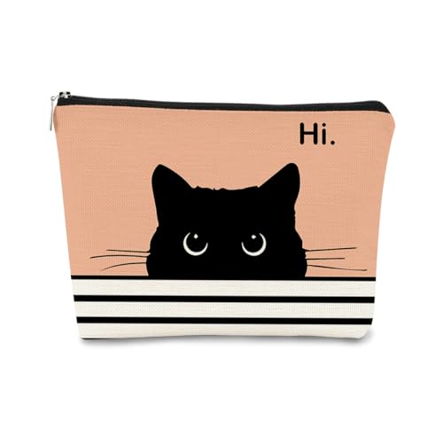 BARPERY Cute Cat Cosmetic Bag, Black Kitty Gifts for Cat Lovers, Makeup Pouch for Women (Peach-1)