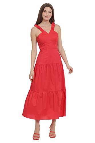Maggy London Women's Ruffle V-Neck Halter Tiered Maxi Vacation Resort Event Guest Of, Tomato Puree #TOP1