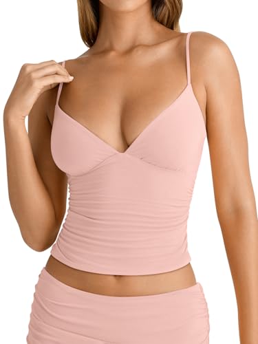 Image of PINKMSTYLE Women's Sexy V Neck Ruched Cami Top Sleeveless Spaghetti Double Layer Fitted Crop Tank Tops