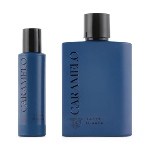 CARAMELO   Tonka Breeze Promoción 100 + 30 ml, Colonia Hombre, Pack 2 Productos, Perfume Formato Spray, Eau de Toilette Natural y Masculina, Aroma Ambarado Aromático, Fragancia Fresca, Elegante