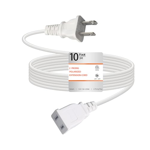 10 Feet Extension Cord White Flat Thin Flexible 2 Prong Long Polarity Power Cord 1250W 10A for Indoor Outdoor Use with Single Outlet for Holiday Lights, Lamps, Cameras, Appliance ETL Listed (1 Pack)