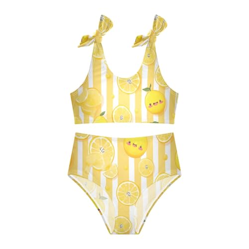 Cute Yellow Lemon Slices on Striped Girls Two Piece Kids Bikini Set Quick-Dry Swimsuits Swimming Suits Adjustable3