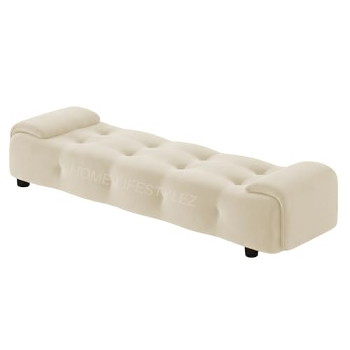 Image of Home Lifestlez Monel 2 Seater Tufted Ottoman Bench | Velvet Upholstered | Seating Bench Window Bench Footrest Stool End of Bed Bench Living Room Furniture | Comfortable & Stylish - Cream