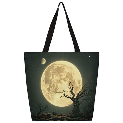 Mularoka Halloween Moon Tree Large Capacity Canvas Tote Bag Stylish Handheld Shoulder Bag Reusable Shopping Bag for Work Travel Beach Trips Shopping