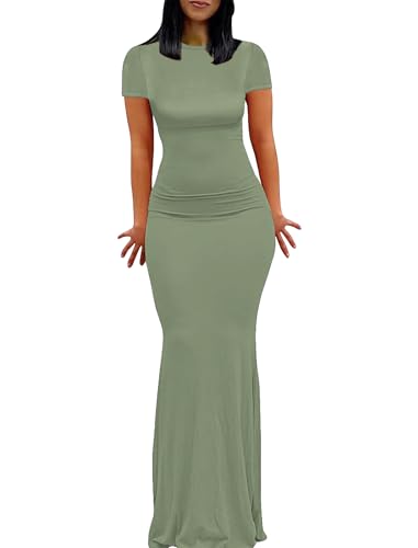 Image of Womens Summer Short Sleeve Square Neck Elegant Casual Lounge Bodycon Slim Maxi Evening Party Long Dress
