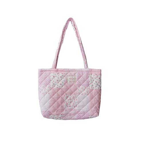 Image of Floral Quilted Cotton Shoulder Bag for Women Daily Use Medium Size Handbag Large Capacity Thickened Design Tote