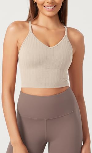 ODODOS Seamless Padded Sports Bra for Women Strappy Longline Wirefree Brami Ribbed Crop Tank Tops2