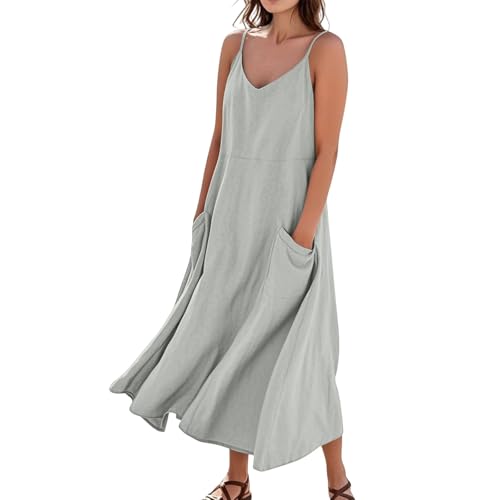 FUPODD Kleider Damen Sommer Maxikleid Pareos & Strandkleider Für Damen Langes Sommerkleid Elegant Leinenkleid Umstandskleid Lange Weißes Kleid...