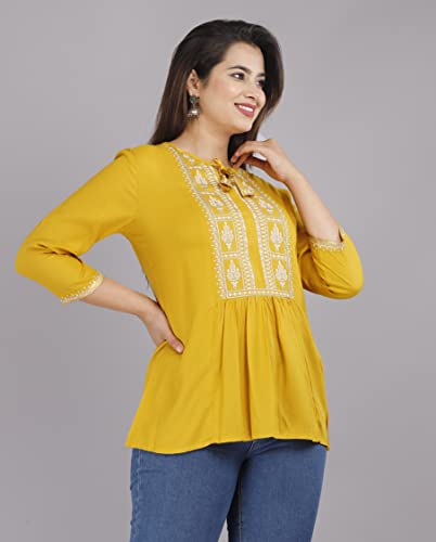 Image of Shiva Fab Short Kurti for Women | Embroidered Straight Rayon Kurta | Round Neck Full Sleeves Short Kurti for Women's