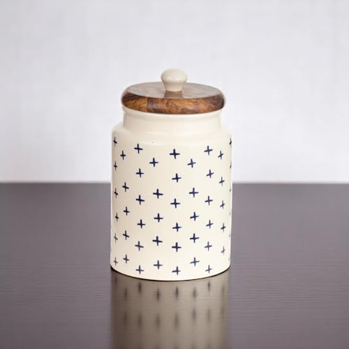 Image of Airtight Ceramic Jars (Pack of 2) - 900ml Each - Wooden Lid - Kitchen Containers for Sugar, Tea, Salt, Pickles, Pulses & More (Blue Pus)