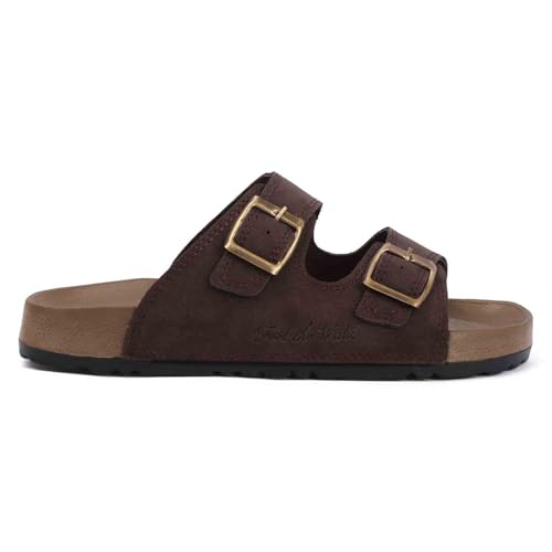 Image of Men's Double Buckle Sandals | Adjustable Strap Slip-On Comfort Slides | Cushioned Footbed Anti-Skid Casual Slippers for Regular Wear Indoor Outdoor