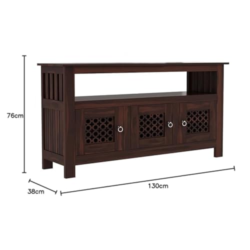 Image of Amazon Brand - Solimo Solid Sheesham Wood Jharokha Sideboard Cabinet with 3 Doors & 1 Open Shelf | Multipurpose Wooden Storage Organizer for Bedroom, Living Room, Kitchen Home & Office (Walnut Finish)