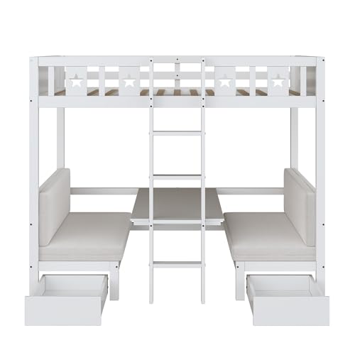 Platzsparendes Etagenbett für Kinder, Hochbett mit Flexibler Tisch und Holzsofa, Kinderbett mit Treppe und 2 Schubladen, 90x200cm Funktionsbett Stockbett Hochbett Jugendhochbett, Weiß, Ohne Matratze