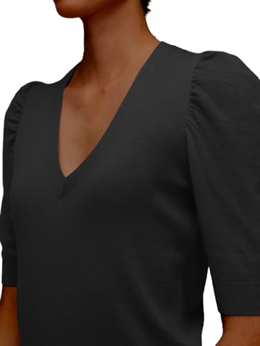 Image of Women's V Neck Puff Sleeve Sweater Pullovers Lightweight Work Ofiice Knitted Tunic Tops