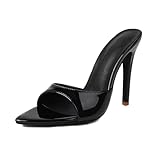 MRKEWUNEY Heeled Mules for Women Metallic Slip On Mules Backless Stiletto Heels Pointed Open Toe Wedding Party Dress Sandals Slide Sandals Evening Party Shoes Black Szie 44
