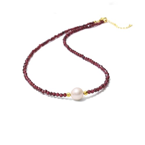 A&M Gems Natural Gemstone 3-3.5 mm Round Faceted Beaded Necklace for Women 7-10 mm Freshwater Pearl Choker Style Gold Plated Hypoallergenic Non-Tarnish Handmade Jewelry 18 Inches