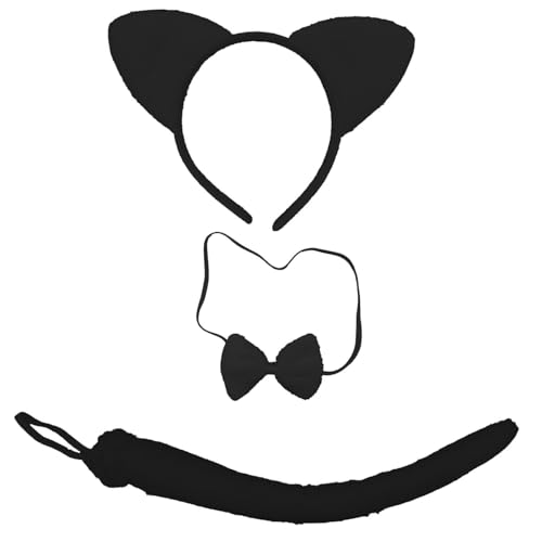 Conjunto de disfarce para carnaval Halloween e festa cosplay de animais, diadema de orelhas laço e cauda com estampado de animais para meninas e mulheres, 3 peças (gato ngero)