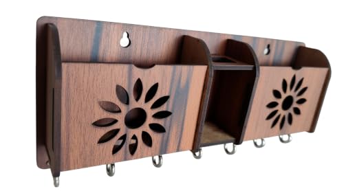Image of Wall Mount Key Holder & Mail Organizer | Laser-Cut Key Hanger with 7 Metal Hooks, Letter Rack & Pen Stand | Wooden Wall Decor for Entryway, Living Room, Home & Office (Floral)
