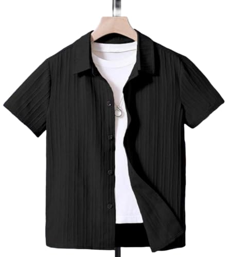Image of Boy's Kids Regular Fit Solid Pattern Cotton Blend Shirt with Collared Neck Short Sleeve Button Down Closure Type and Standard Length | Boys Cotton T-Shirts Set | Shirt for Boy