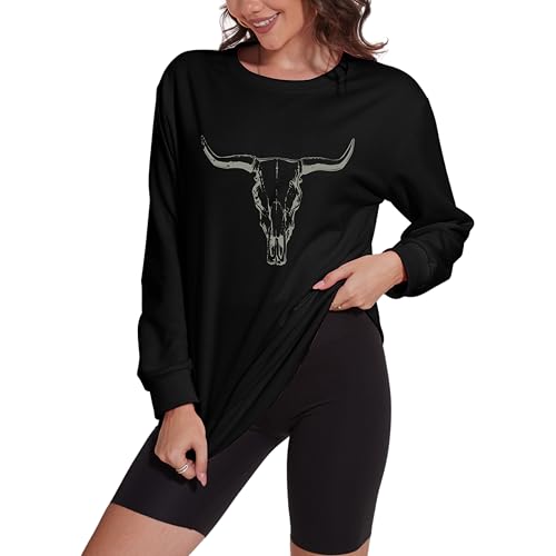 KPSTRO Retro Steer Skull Western Sweatshirt Women Country Music Concert Pullover Top Casual Crew Neck Rodeo Bull Sweaters, Black, Medium