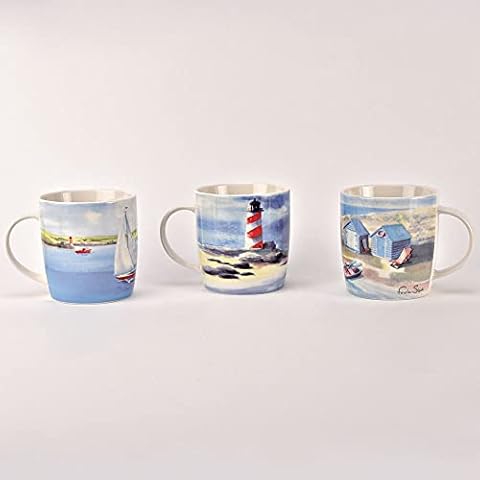 Country Living by The Seaside Stoneware Mugs by Artist Finola Stack Set of 3 Boxed Gift Cover