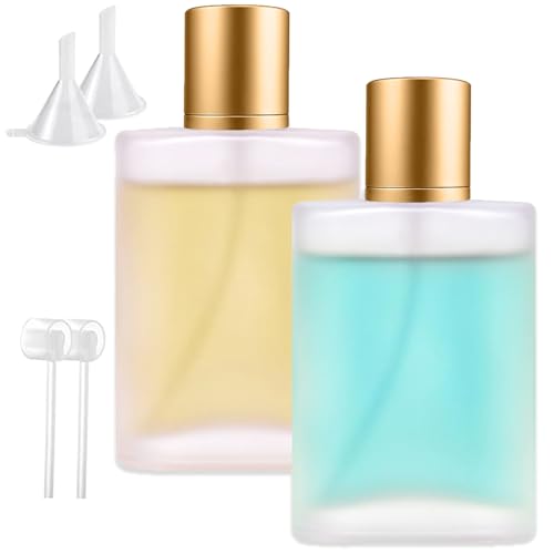 Perfume con Pulverizador, 100 ML Perfume Atomizadores, 2 Frasco de Recarga de Perfume, Botella Portátil de Perfume de Vidrio Cuadrado, Botella Vacía de Perfume (Tapa Dorada)