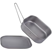 iBasingo 1000ml Titanium Military Mess Tin Outdoor Camping Cookware with Lid & Folding Handle Lightweight Frying Pan Single Layer Square Lunch Box Portable Hiking Backpacking Cooking Kit Ti2084C