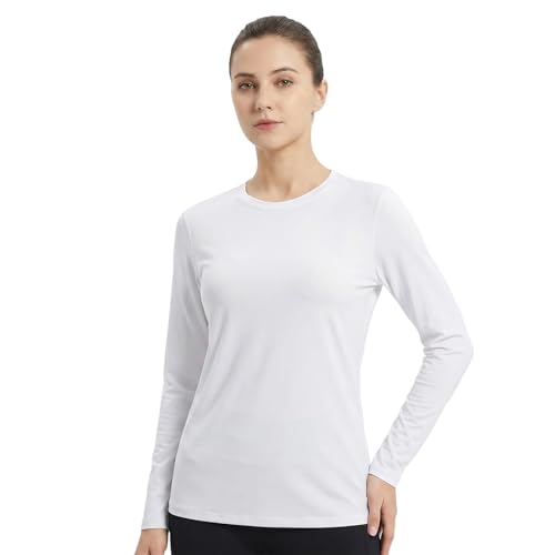 viiotu Womens Thermal Long Sleeve Shirt Compression Base Layer, Fleece Lined Warm Crewneck Top Stretch Winter Athletic Undershirt (AU, Alpha, Medium, Regular, Regular, White)