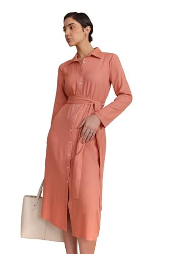 Image of FableStreet Women Formal Dress | Notch Collar Wrap Midi Dress with Self-Tie Belt & Button-Front | Smooth Viscose Rayon Fabric for Workwear & Day-to-Night Elegance