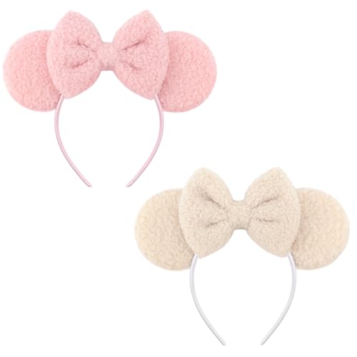 Image of DRESHOW Wool Mouse Ears Bow Headbands Fluffy Hair Bands Bow Hairband Soft Plush Headwear Party Decoration Cosplay Costume for Women