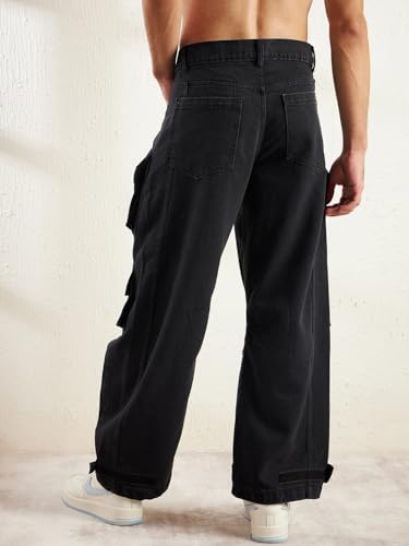 Image of FUGAZEE Black Super Baggy Cargo Denim Jeans for Men | 100% Cotton Non-Stretch Fabric | Oversized Fit | Cargo Pockets | Button & Zip Closure | Streetwear Utility Pants