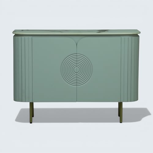 Image of Solid Wood Mandala Sideboard Cabinet with Sintered Stone Top for Living Room | Premium Acrylic Silver Grey Finish | 119.8cm W x 39.8cm D x 85cm H