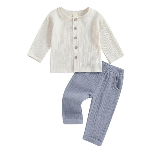 Yassiglia Baby Jungen Musselin Kleidung Set Kleinkinder Sommer Herbst 2-teiliges Outfit Button Down Langarm-T-Shirt + Lange Hosen Loungewear (Blau, 6-12 Months)