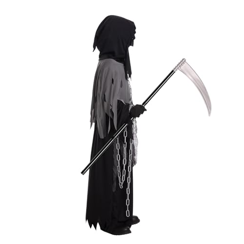 Tosekry Deguisement Halloween Enfant Costume Halloween Enfant, Deguisement Halloween Enfant Garcon Deguisement Faucheuse Enfant avec Faux, Lunettes Lumineuses et Chaînes – vue 4